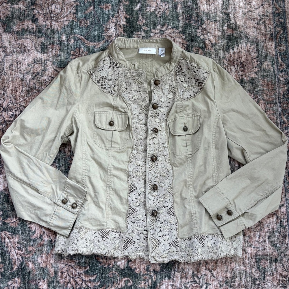 2010s Chico's Utility Jacket 2 Tan Cotton Lace Earthy Boho Cottage Grandma Chic
